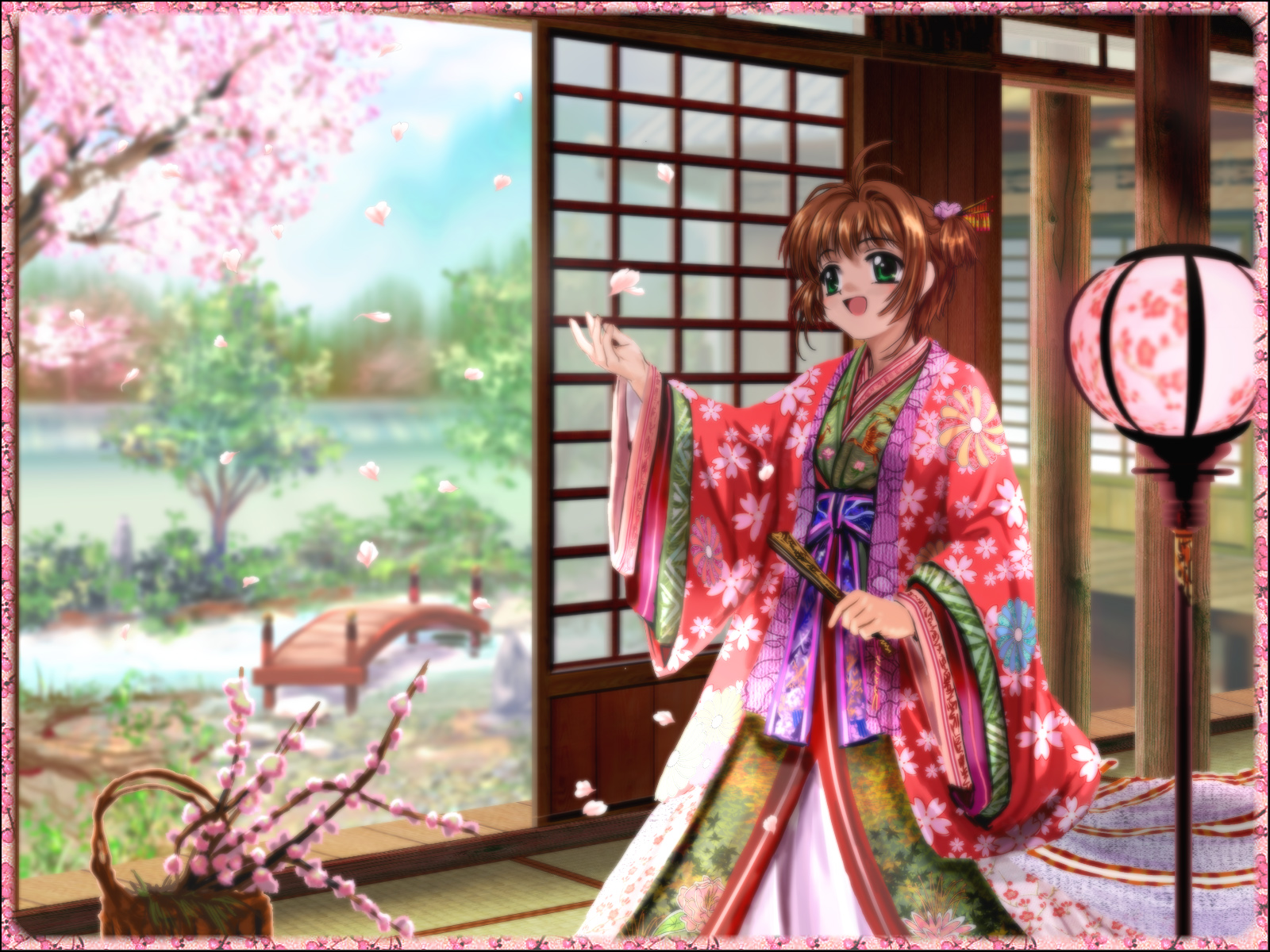 mutsuki (moonknives), kinomoto sakura, cardcaptor sakura, kodansha, highres, non-web source, 1990s (style), 1girl, cherry blossoms, child, female focus, japanese clothes, juunihitoe, kimono, name connection, object namesake, retro artstyle, solo