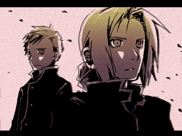 alphonse elric, edward elric, fullmetal alchemist, 00s, 2boys, brothers, letterboxed, male focus, monochrome, multiple boys, pink background, siblings