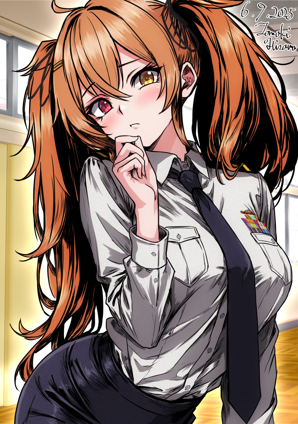 hisamatomoki, murasame (kancolle), murasame kai ni (kancolle), japan maritime self-defense force, japan self-defense force, kantai collection, highres, 1girl, ahoge, alternate costume, artist name, black necktie, breasts, brown hair, collared shirt, dated, grey skirt, hair flaps, heterochromia, indoors, large breasts, long sleeves, looking at viewer, military, military dress uniform, military rank insignia, military uniform, naval dress uniform, naval uniform, necktie, one-hour drawing challenge, red eyes, ribbon bar, shirt, shoulder boards, skirt, solo, twintails, two side up, white shirt, yellow eyes