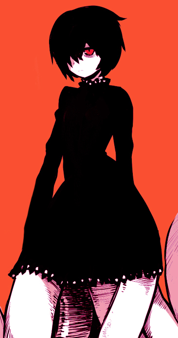 nanashin, 1girl, black dress, black hair, casual, dress, female focus, hair over one eye, monster girl, red eyes, scylla, serious, short hair, simple background, solo, tentacles