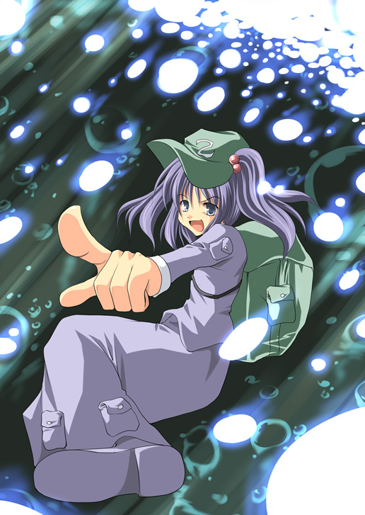 subaru noji, kawashiro nitori, touhou, md5 mismatch, >:), 1girl, :d, backpack, bag, blue eyes, danmaku, female focus, hair bobbles, hair ornament, hat, open mouth, pointing, purple hair, short hair, smile, solo, twintails, two side up, v-shaped eyebrows