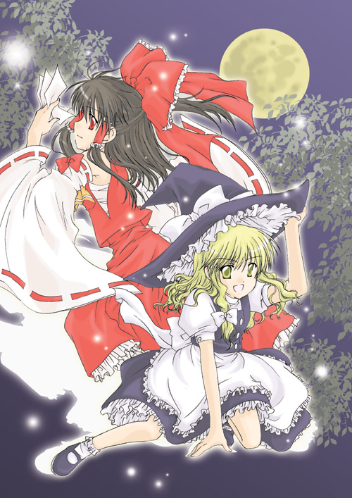 sakura mio (vent), hakurei reimu, kirisame marisa, touhou, 2girls, apron, arm up, black dress, blonde hair, blush, braid, closed mouth, detached sleeves, dress, female focus, full body, full moon, hair tubes, holding, looking at viewer, mary janes, moon, multiple girls, ofuda, puffy short sleeves, puffy sleeves, red eyes, ribbon-trimmed sleeves, ribbon trim, sarashi, shoes, short sleeves, sidelocks, single braid, sitting, waist apron, wide sleeves