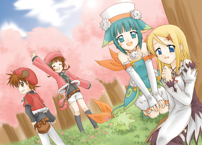 sakura mio (vent), murno, rifmonica, ritchburn, rufeel, summon night, summon night: swordcraft story, summon night craft sword monogatari hajimari no ishi, summon night swordcraft story 3, 1boy, 3girls, against tree, animal ears, aqua eyes, aqua hair, blonde hair, blue eyes, braid, brown eyes, brown hair, cherry blossoms, elbow gloves, fingerless gloves, gloves, hair ornament, hairclip, hanami, hat, jacket, kneehighs, multiple girls, shorts, smile, socks, tail, thighhighs, tree, twin braids, waving