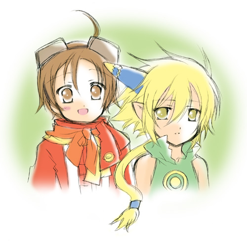 sakura mio (vent), coral (summon night), lucian (summon night), summon night, summon night 4, lowres, 1boy, 1girl, ahoge, blonde hair, brown eyes, brown hair, goggles, horns, long hair, pointy ears, ponytail, short hair, yellow eyes