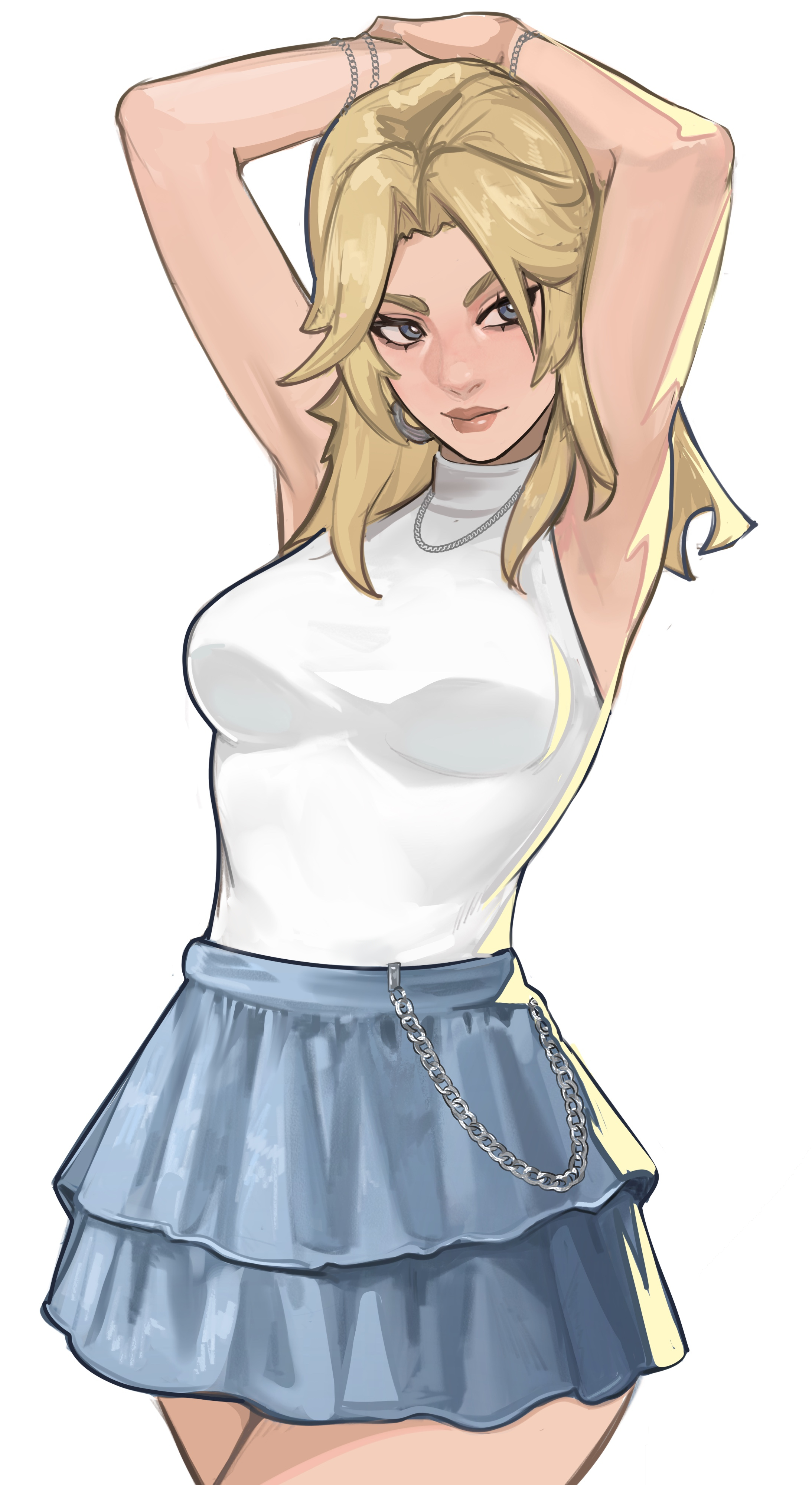 vile (vile jp), sue storm, fantastic four, marvel, marvel rivals, absurdres, highres, 1girl, armpits, blonde hair, blue eyes, breasts, earrings, jewelry, long hair, looking at viewer, simple background, skirt, sleeveless, smile, solo, white background