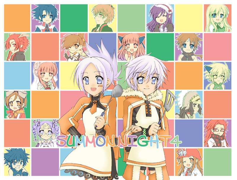 gian (gearvocal), sakura mio (vent), akane (summon night), alba (summon night), aroeri, coral (summon night), enicia, fea (summon night), fea (summon night 4), glad (summon night), lisher, lucian (summon night), lyurm, milreaf, mint (summon night), pomnit, rai (summon night), riviel, seilong, singen, summon night, summon night 4, annotation request, 6+boys, 6+girls, blue eyes, blue hair, blush, blush stickers, brother and sister, brown hair, child, everyone, hat, ladle, multiple boys, multiple girls, one eye closed, purple hair, red hair, siblings, smile, spatula, twins, wink