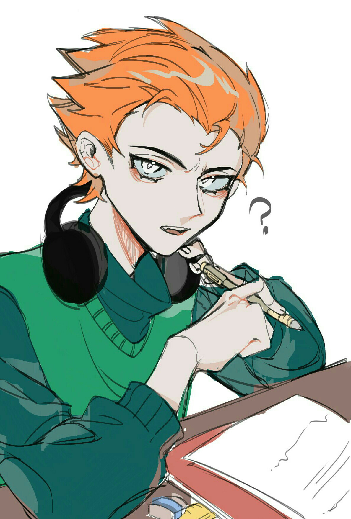 jiuming, pico (newgrounds), pico (newgrounds series), chinese commentary, highres, 1boy, ?, animification, elbows on table, eraser, furrowed brow, green shirt, green sweater vest, hair slicked back, hand on headphones, headphones, headphones around neck, holding, holding pen, jitome, male focus, notebook, orange hair, paper, parted lips, pen, shirt, short hair, sideways glance, solo, sweater vest, table, teeth, turtleneck, turtleneck shirt, upper body, upper teeth only, white background, white eyes