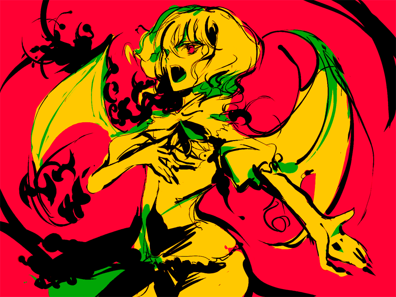 nokishita, remilia scarlet, touhou, 1girl, bat wings, dress, female focus, hand on own chest, looking at viewer, outstretched arm, pink background, pink theme, puffy short sleeves, puffy sleeves, red eyes, short sleeves, simple background, sketch, solo, wings, yellow theme