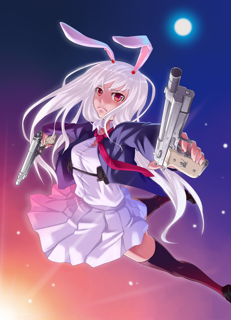 hamada youho, reisen udongein inaba, black lagoon, touhou, bad id, bad pixiv id, 00s, 1girl, animal ears, beretta 92, blazer, female focus, gun, handgun, jacket, long hair, moon, necktie, pistol, rabbit ears, red eyes, skirt, solo, star (symbol), tears, thighhighs, weapon, white hair, zettai ryouiki