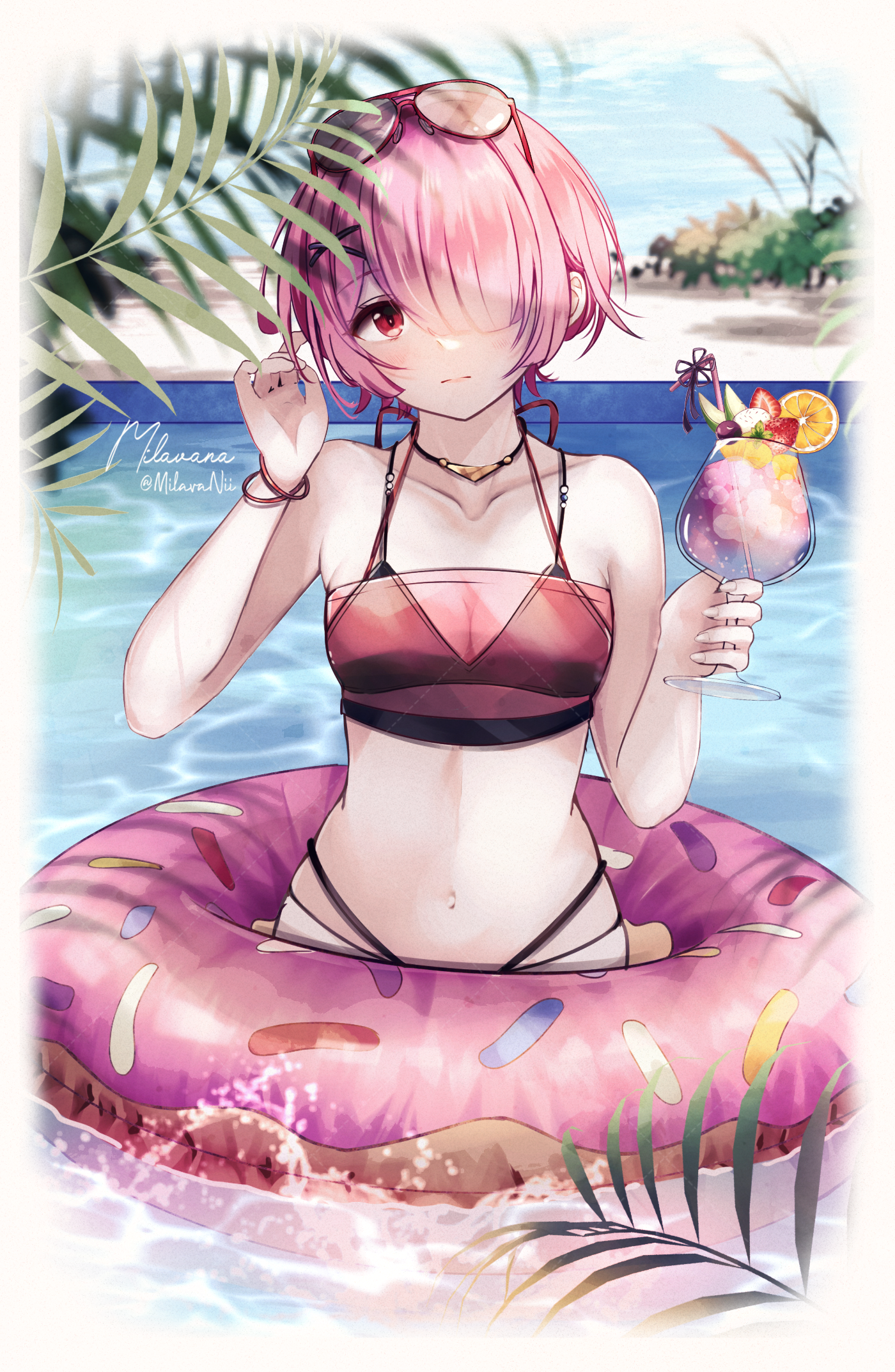milavana, ram (re:zero), re:zero kara hajimeru isekai seikatsu, highres, 1girl, bare arms, bare shoulders, beach, bikini, black bikini, blunt bangs, bracelet, breasts, cleavage, closed mouth, collarbone, cup, day, drinking straw, eyewear on head, food, fruit, hair over one eye, halterneck, head tilt, holding, holding cup, jewelry, lemon, lemon slice, looking at viewer, navel, necklace, outdoors, pink hair, pink innertube, pool, red-framed eyewear, red eyes, see-through clothes, short hair, signature, small breasts, solo, strawberry, strawberry slice, summer, swimsuit, tropical drink, wading
