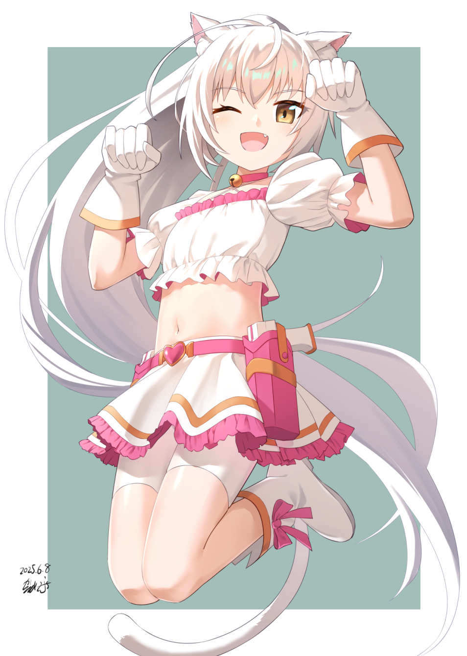sarasa (kanbi), original, commission, highres, skeb commission, 1girl, 2025, :d, ;d, animal ear fluff, animal ears, bell, bike shorts, boots, cat ears, cat girl, cat tail, collar, crop top, dated, fang, floating hair, full body, gloves, jumping, long hair, looking at viewer, midriff, navel, neck bell, one eye closed, open mouth, pink collar, ponytail, shorts, shorts under skirt, signature, skirt, smile, solo, stomach, tail, very long hair, white boots, white gloves, white hair, white shorts, white skirt, yellow eyes