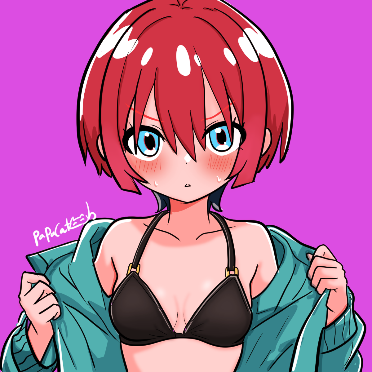 papacat, amate yuzuriha, gundam, gundam gquuuuuux, highres, 1girl, blue cardigan, blue eyes, blush, bob cut, breasts, cardigan, cleavage, collarbone, dot nose, hair between eyes, long sleeves, looking at viewer, open cardigan, open clothes, parted lips, purple background, red hair, short hair, simple background, sketch, small breasts, solo, triangle mouth, undressing, upper body