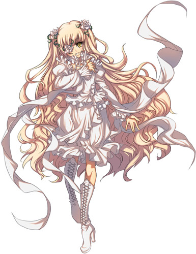 cota, kirakishou, rozen maiden, lowres, 00s, 1girl, blonde hair, boots, dress, female focus, flower, flower eyepatch, frills, full body, knee boots, long hair, long sleeves, looking at viewer, rose, shawl, simple background, solo, very long hair, wavy hair, white background, white boots, white dress, yellow eyes