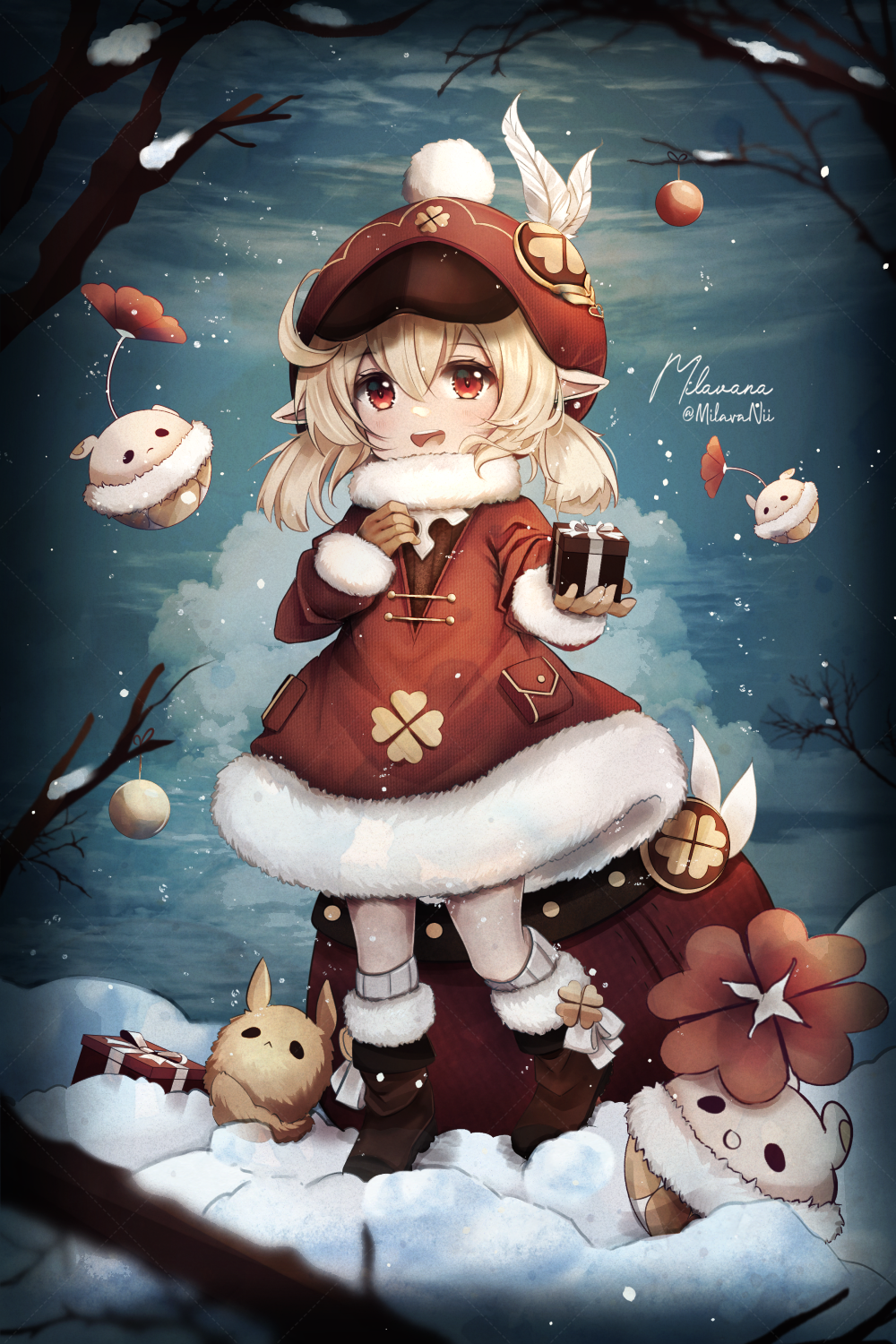milavana, klee (genshin impact), genshin impact, highres, 1girl, :d, blonde hair, boots, box, brown boots, coat, coat dress, crossed bangs, dress, feathers, full body, fur-trimmed boots, fur-trimmed coat, fur-trimmed dress, fur-trimmed sleeves, fur trim, gift, gift box, hair between eyes, hat, hat feather, holding, holding box, long hair, long sleeves, looking at viewer, open mouth, outdoors, pointy ears, red coat, red dress, red eyes, red hat, red sleeves, signature, smile, snow, snowing, socks, solo, standing, twintails, white feathers, white socks, winter, winter clothes, winter coat