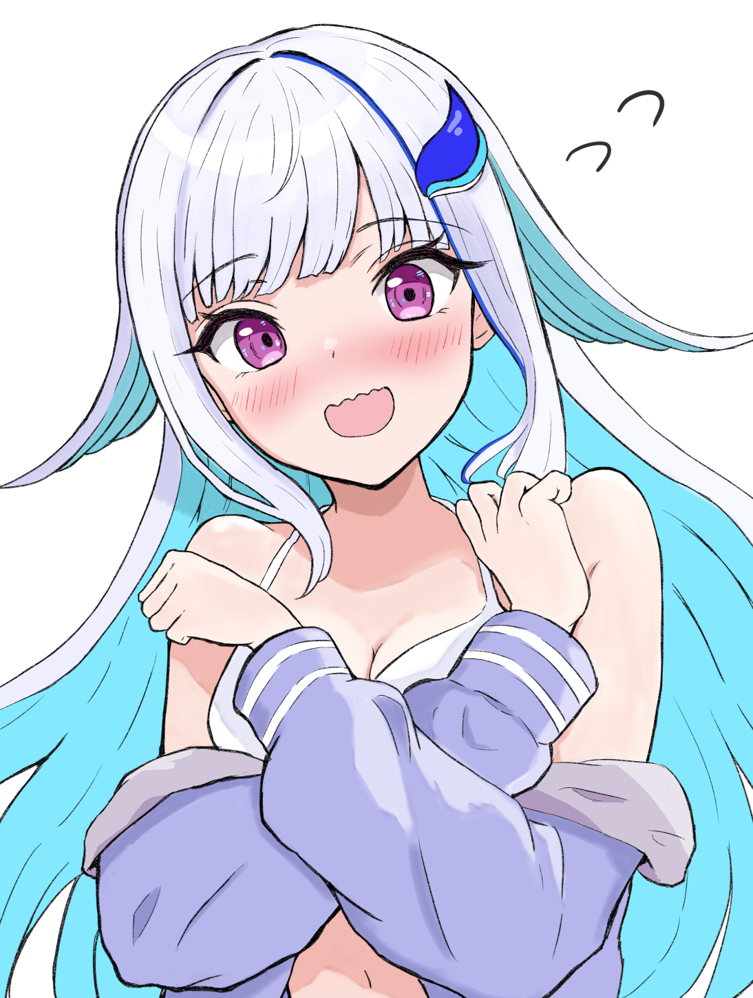 aurora12e0465, lize helesta, nijisanji, highres, 1girl, bikini, blue hair, blush, breasts, cleavage, colored inner hair, covering breasts, covering privates, embarrassed, hair ornament, halterneck, looking at viewer, medium breasts, multicolored hair, navel, open clothes, open shirt, purple eyes, purple shirt, shirt, shirt down, simple background, sketch, solo, swimsuit, upper body, virtual youtuber, wavy mouth, white background, white bikini, white hair