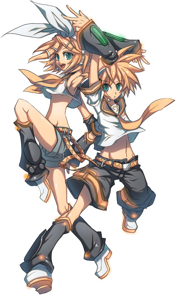 cota, kagamine len, kagamine rin, vocaloid, bad id, bad pixiv id, 1boy, 1girl, aqua eyes, blonde hair, brother and sister, headset, navel, siblings, twins