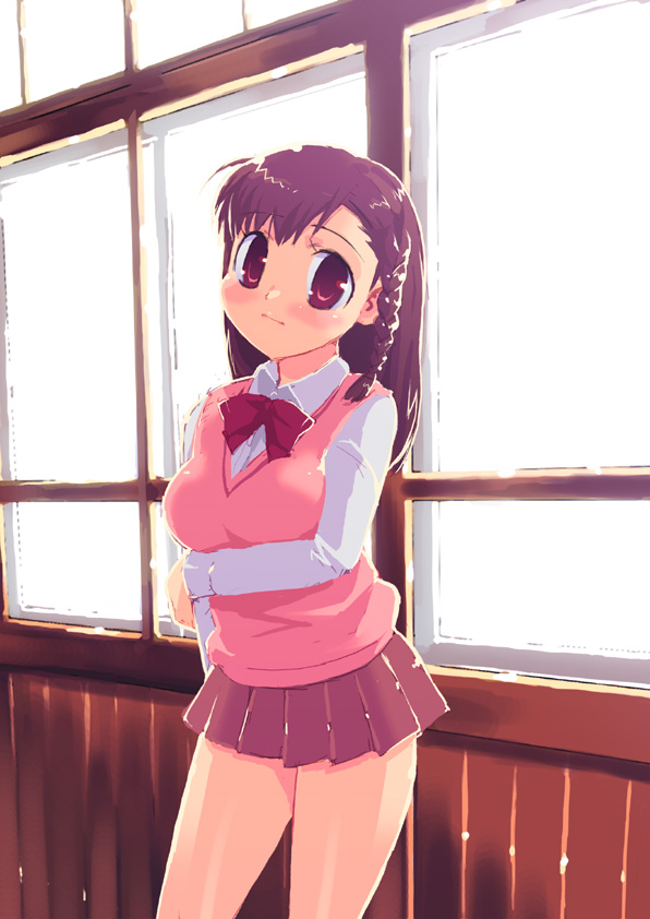 ootomo takuji, breast hold, eyebrows, 1girl, backlighting, blush, bow, breasts, brown hair, female focus, legs, long sleeves, miniskirt, pleated skirt, red eyes, school uniform, serafuku, skirt, solo, sweater vest, thighs, vest, window