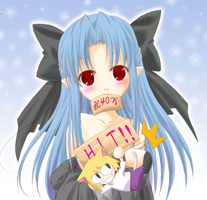 q-gaku, len (tsukihime), neco-arc, neko arc, tsukihime, 00s, 2girls, animal ears, blonde hair, blue hair, blush, bow, cat ears, censored, character censor, collarbone, fang, flat chest, hair bow, half updo, holding, holding sign, long hair, milestone celebration, mini person, minigirl, mouth hold, multiple girls, novelty censor, off shoulder, pointy ears, red eyes, short hair, sign, skirt, undressing
