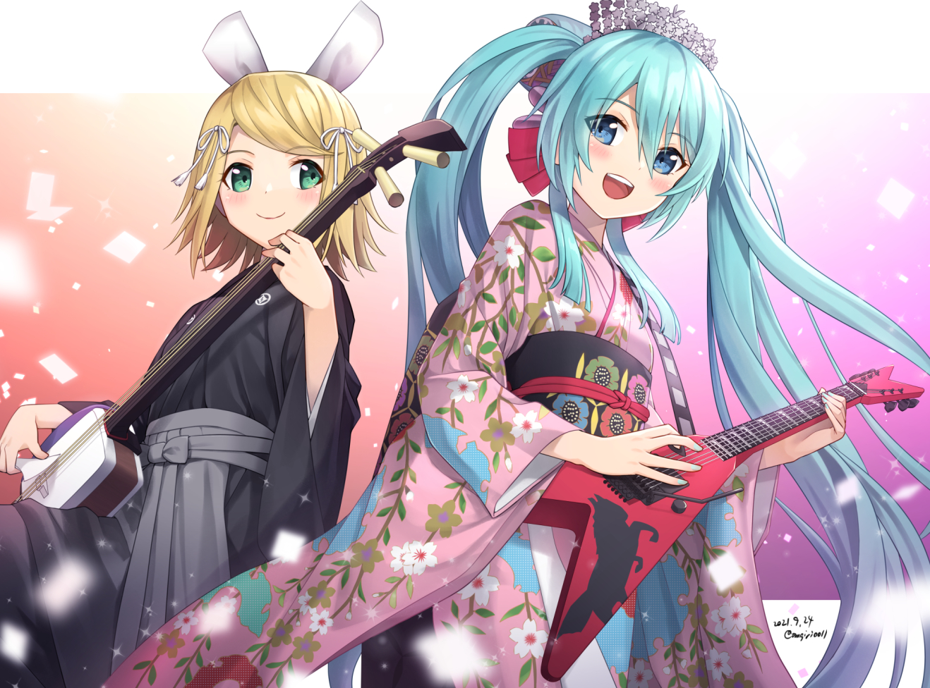 sarasa (kanbi), hatsune miku, kagamine rin, vocaloid, 2021, 2girls, :d, alternate costume, black kimono, blonde hair, blue eyes, blue hair, blush, bow, closed mouth, dated, floating hair, floral print, floral print kimono, green eyes, grey hakama, guitar, hair between eyes, hair bow, hakama, instrument, japanese clothes, kimono, long hair, long sleeves, looking at viewer, multiple girls, music, open mouth, pink kimono, playing instrument, print kimono, red bow, shamisen, short hair, signature, smile, standing, swept bangs, teeth, twintails, upper teeth only, very long hair, wide sleeves
