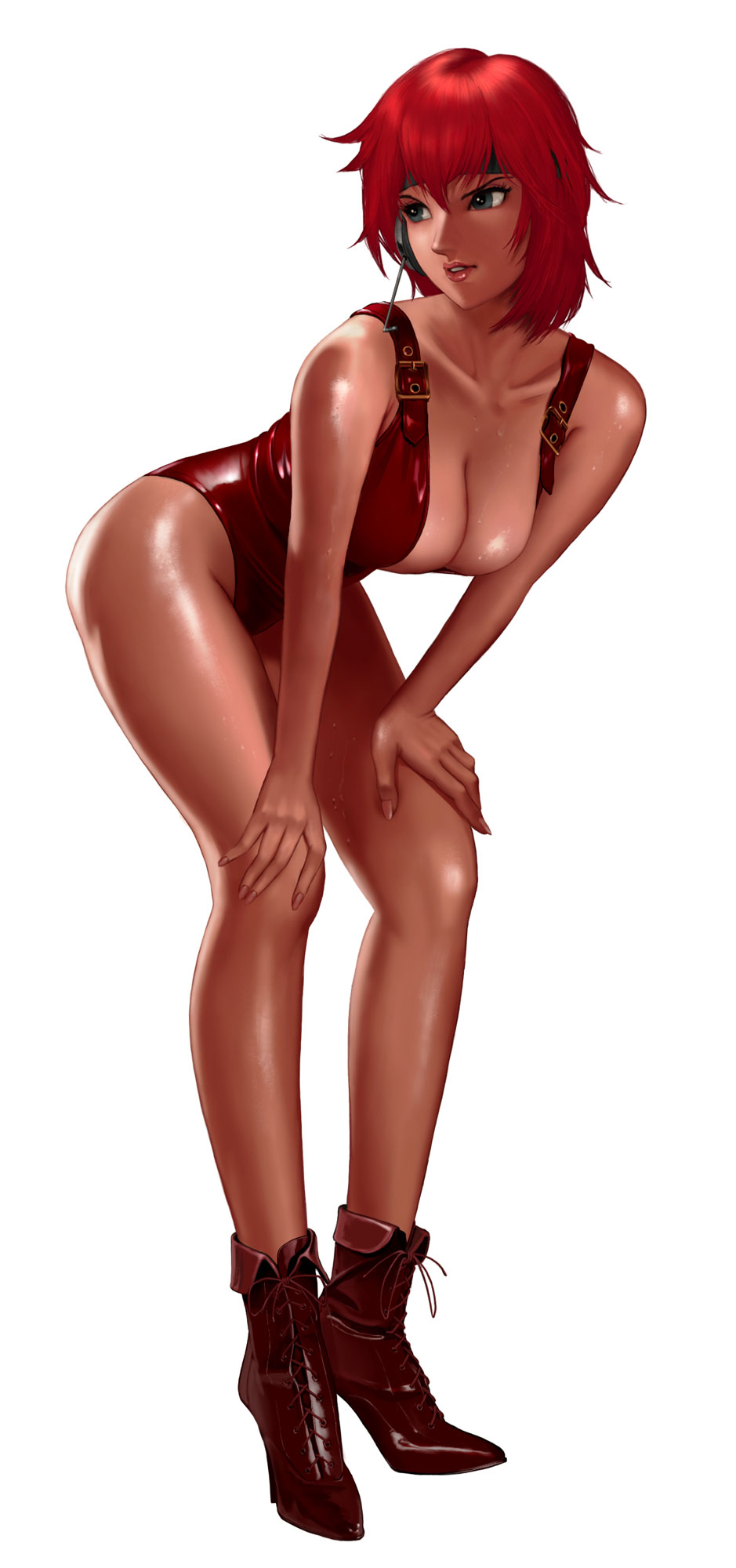 python (snake legs), canary donetto, taiyou no kiba dougram, brown footwear, 1980s (style), highres, 1girl, bare arms, bare legs, bare shoulders, boots, breasts, cleavage, collarbone, female focus, full body, hands on own knees, headband, headset, high heels, large breasts, leaning forward, legs, lips, long legs, looking to the side, oldschool, pinup (style), realistic, red hair, retro artstyle, shiny skin, shoes, short hair, simple background, solo, standing, sweat, white background