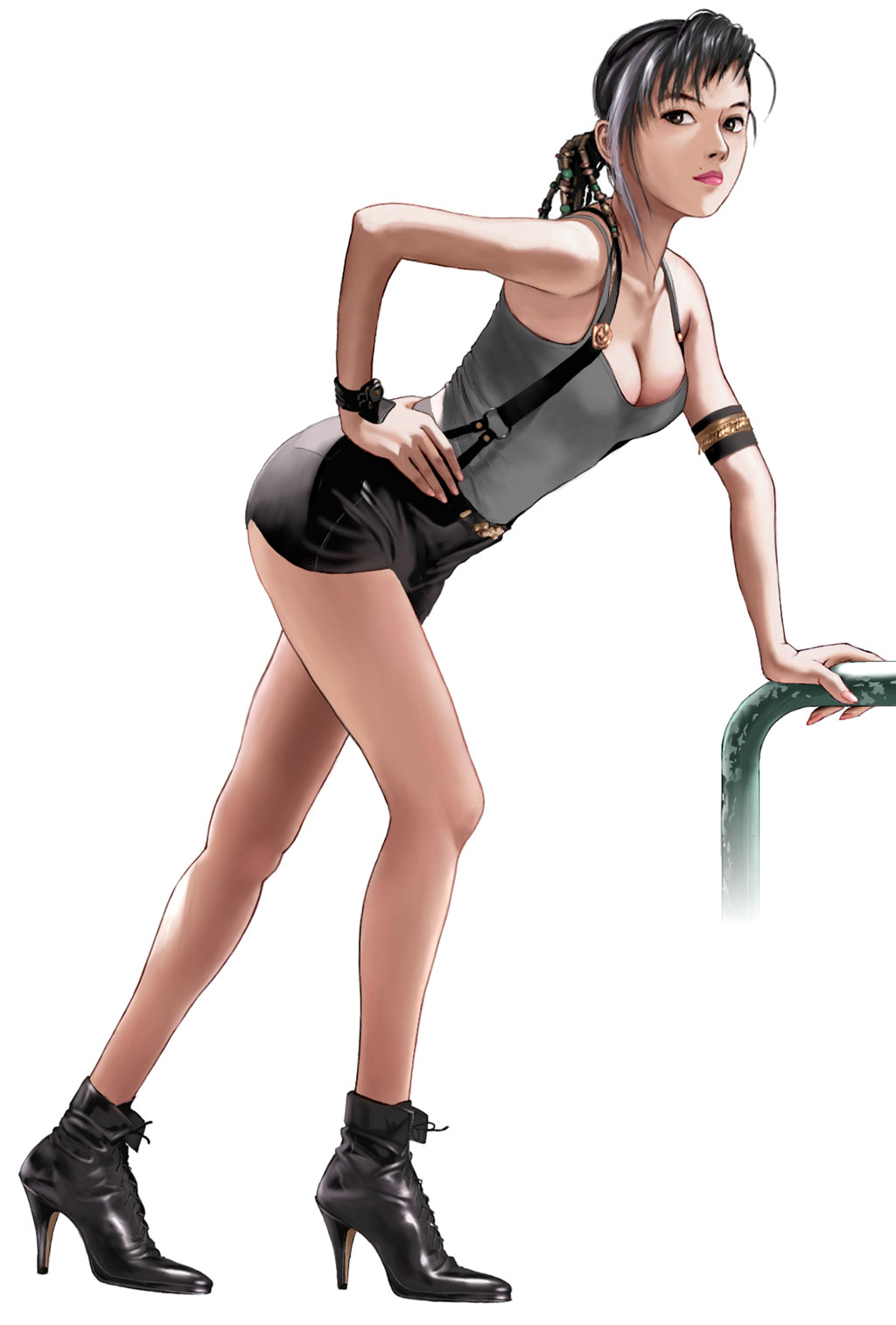 python (snake legs), iria (zeiram), zeiram (film), zeiram (series), highres, 1990s (style), 1girl, ankle boots, arched back, armband, bare legs, bare shoulders, black eyes, black hair, boots, breasts, cleavage, female focus, hair ornament, hand on own hip, high heels, hip focus, large breasts, legs, lips, lipstick, long legs, makeup, mole, retro artstyle, shoes, short shorts, shorts, simple background, solo, suspenders, tank top, white background