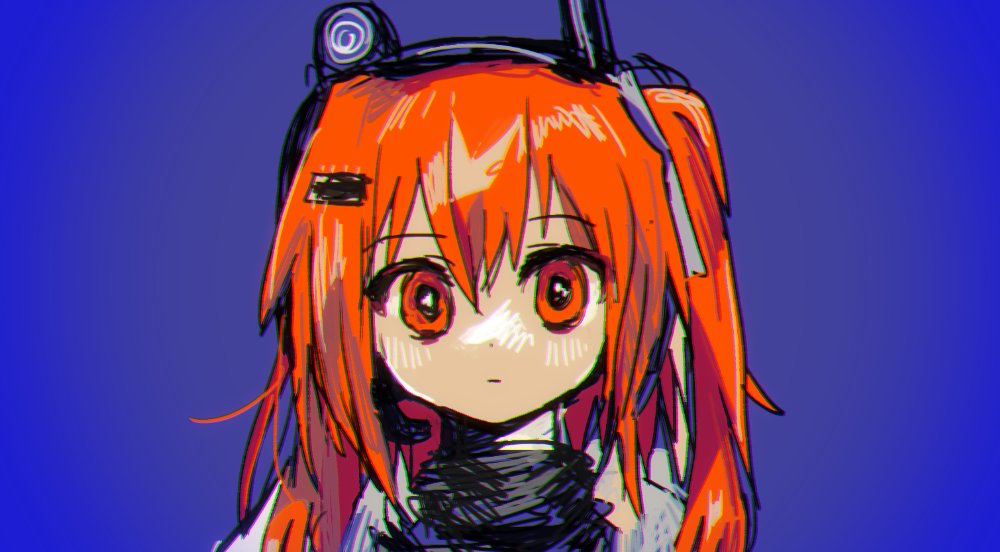 sanotsuki (mochi0101 831), adachi rei, a.i. voice, utau, 1girl, black shirt, blue background, closed mouth, dot nose, expressionless, headset, looking at viewer, medium hair, orange eyes, orange hair, portrait, shirt, side ponytail, solo, straight-on, turtleneck