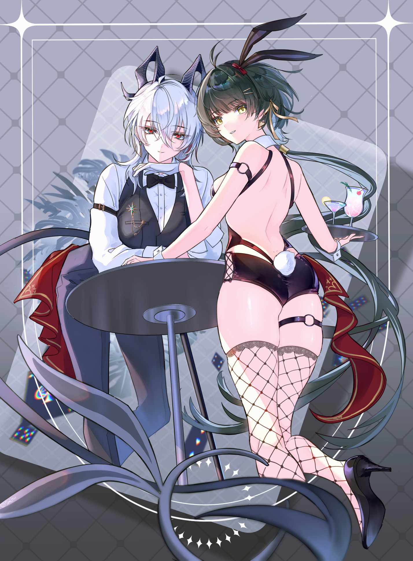 female rover (wuthering waves), rover (wuthering waves), zani (wuthering waves), wuthering waves, commentary request, highres, 2girls, alternate costume, animal ears, antenna hair, back, backless outfit, bare shoulders, black bow, black bowtie, black hair, black horns, black pants, black shoes, black shorts, black tail, black vest, bow, bowtie, breasts, butler, card, chromatic aberration, closed mouth, crossdressing, crossdressing (ftm), cup, curled horns, demon tail, drinking glass, earrings, fake animal ears, fake tail, female butler, fishnet thighhighs, fishnets, gloves, hair between eyes, hair bow, hair ornament, hair ribbon, hairclip, high heels, holding, holding tray, horns, jewelry, key earrings, large breasts, leaning on table, long hair, long sleeves, looking at viewer, looking back, low ponytail, median furrow, medium breasts, mole, mole under eye, multicolored hair, multiple girls, mutii, o-ring, o-ring thigh strap, pants, parallel hairclips, parted lips, playing card, ponytail, rabbit ears, rabbit tail, red bow, red eyes, ribbon, shirt, shoes, short shorts, shorts, smile, streaked hair, table, tail, thigh strap, thighhighs, thighs, tray, triangle earrings, very long hair, vest, white gloves, white shirt, white wrist cuffs, wrist cuffs, yellow eyes, yellow ribbon
