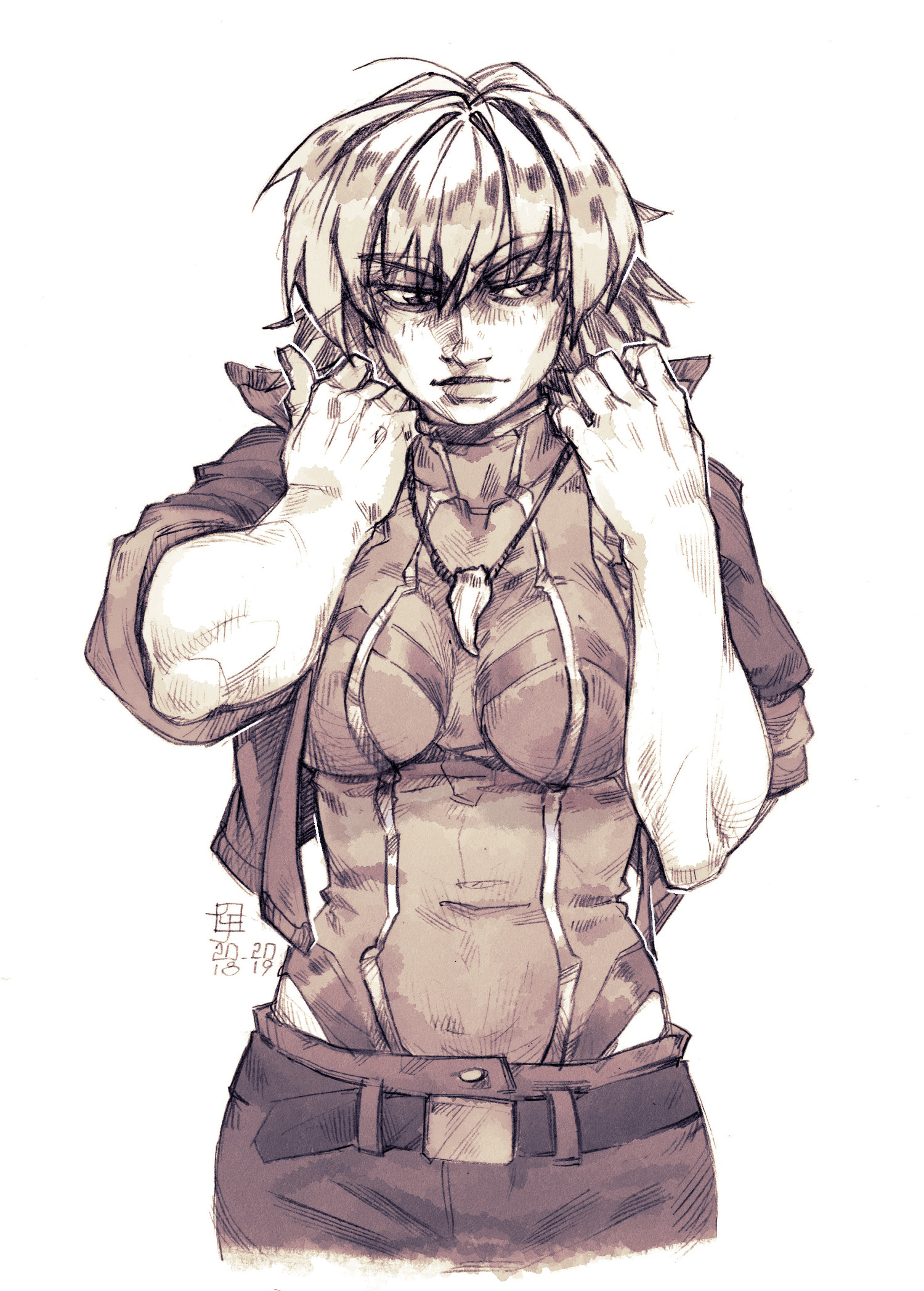 ryouhiko ankuu, original, commentary, english commentary, highres, 1girl, artist logo, breasts, covered navel, cropped legs, dated, hands up, hatching (texture), jacket, jewelry, large breasts, large hands, leotard, leotard under clothes, linear hatching, logo, looking to the side, medium hair, monochrome, muscular, muscular female, necklace, nose, open clothes, open jacket, pants, sagging pants, sepia, simple background, sketch, solo, tooth necklace, white background
