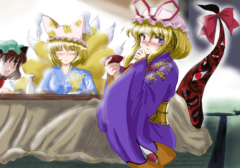 flx, chen, yakumo ran, yakumo yukari, touhou, 3girls, animal ears, animal hat, blonde hair, blush, brown eyes, cat ears, cat girl, closed eyes, fang, female focus, gap (touhou), hat, japanese clothes, kotatsu, long hair, long sleeves, mob cap, multiple girls, purple eyes, short hair, table, tassel, wide sleeves