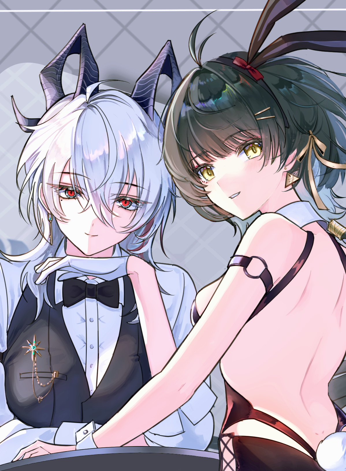 female rover (wuthering waves), rover (wuthering waves), zani (wuthering waves), wuthering waves, highres, 2girls, alternate costume, animal ears, antenna hair, back, bare shoulders, black bow, black bowtie, black hair, black horns, black vest, bow, bowtie, breasts, butler, closed mouth, crossdressing, crossdressing (ftm), curled horns, earrings, fake animal ears, fake tail, female butler, gloves, hair between eyes, hair bow, hair ornament, hair ribbon, hairclip, hand up, horns, jewelry, key earrings, large breasts, leaning on table, long hair, looking at viewer, looking back, median furrow, medium breasts, mole, mole under eye, multicolored hair, multiple girls, mutii, o-ring strap, parallel hairclips, parted lips, rabbit ears, rabbit tail, red bow, red eyes, ribbon, shirt, shoulder blades, smile, streaked hair, tail, triangle earrings, vest, white gloves, white hair, white shirt, white wrist cuffs, wrist cuffs, yellow eyes, yellow ribbon