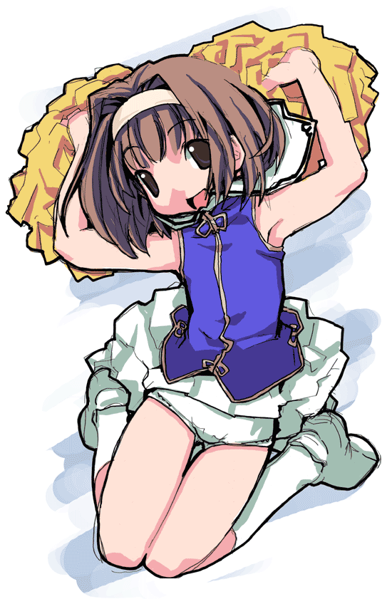 najimi shin, kaho (sister princess), sister princess, 00s, armpits, brown hair, cheerleader, hairband, jumping, panties, pantyshot, pom pom (cheerleading), short hair, solo, underwear