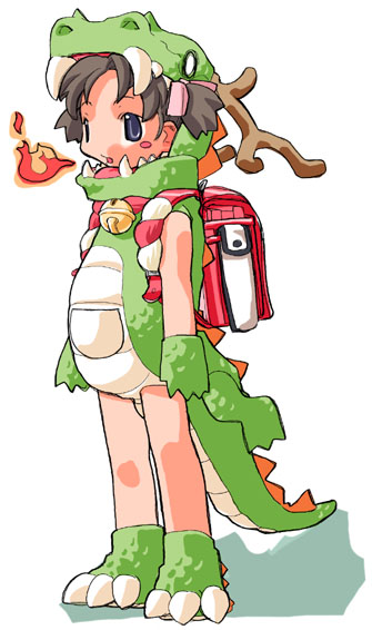 najimi shin, bag, bell, breath weapon, breathing fire, collar, cosplay, dragon, fire, full body, neck bell, school bag, simple background, solo, standing, white background