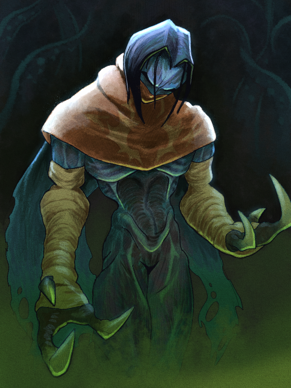 captionpanic, raziel (legacy of kain), legacy of kain, character request, commentary, english commentary, highres, 1boy, arm wrap, blue skin, cape, claws, colored skin, gas, mask, mouth mask, ribs, short hair, solo