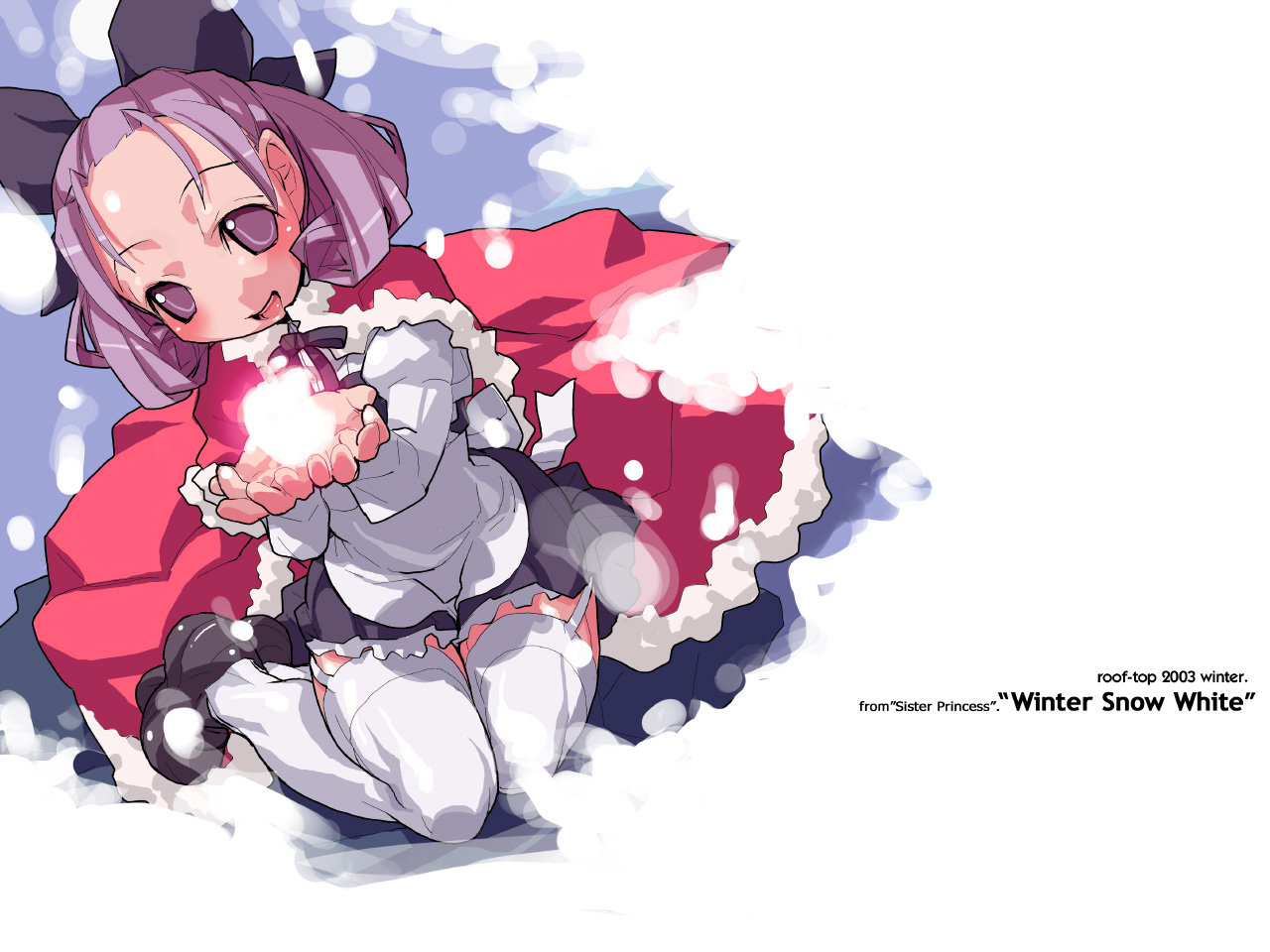 najimi shin, shirayuki (sister princess), sister princess, 00s, blue eyes, blue hair, cape, copyright name, cupping hands, dated, from above, garter belt, garter straps, hair ribbon, own hands together, ribbon, sitting, snow, solo, thighhighs