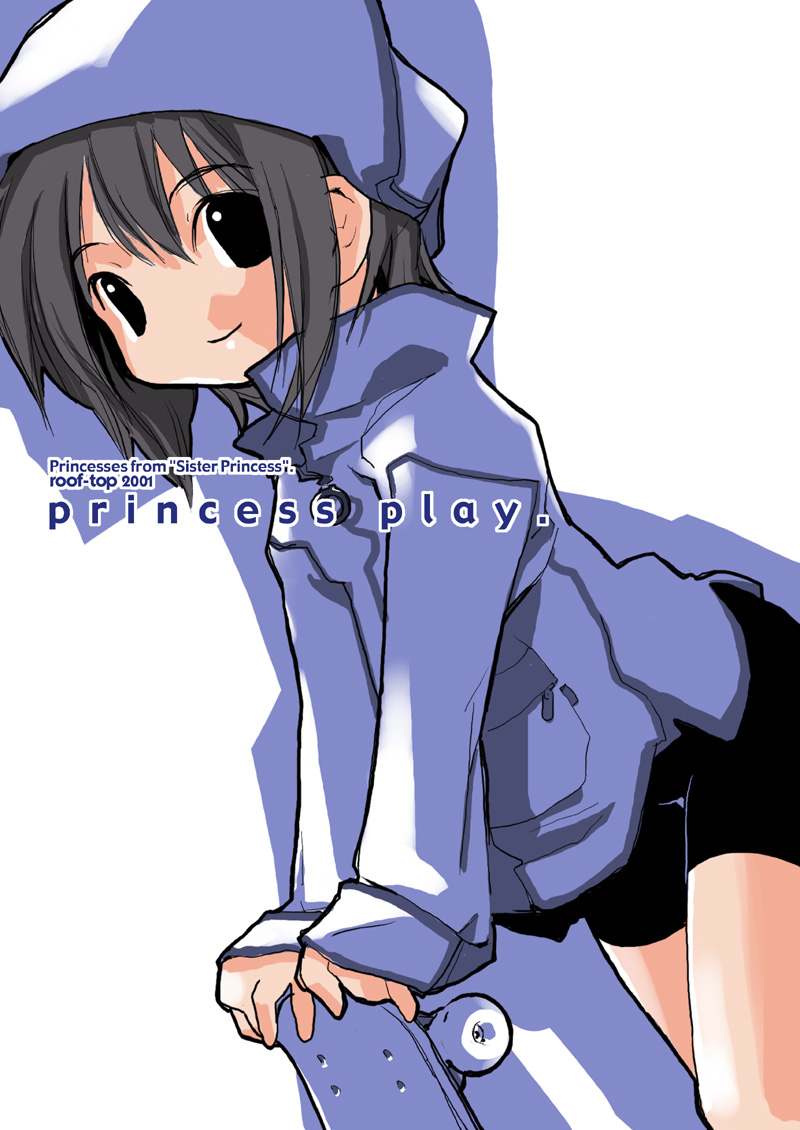 najimi shin, mamoru (sister princess), sister princess, 00s, 1girl, bike shorts, female focus, hood, hooded track jacket, jacket, long sleeves, looking at viewer, simple background, skateboard, solo, standing, track jacket, white background