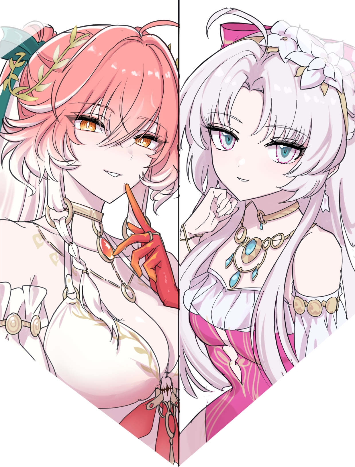 carlotta (splashing summer) (wuthering waves), carlotta (wuthering waves), changli (laurel nymph) (wuthering waves), changli (wuthering waves), wuthering waves, highres, 2girls, ahoge, aqua eyes, bare shoulders, black bow, body markings, bow, braid, breasts, bright pupils, casual one-piece swimsuit, cleavage, colored extremities, finger to mouth, flower, hair between eyes, hair bow, hair extensions, hair flower, hair ornament, hand up, head wreath, large breasts, long hair, looking at viewer, medium breasts, multicolored hair, multiple girls, mutii, off-shoulder one-piece swimsuit, off shoulder, official alternate costume, one-piece swimsuit, orange eyes, parted bangs, parted lips, pink bow, pink hair, pink one-piece swimsuit, red hands, ring hair extensions, simple background, smile, swimsuit, tacet mark (wuthering waves), two-tone hair, white background, white flower, white hair, white pupils