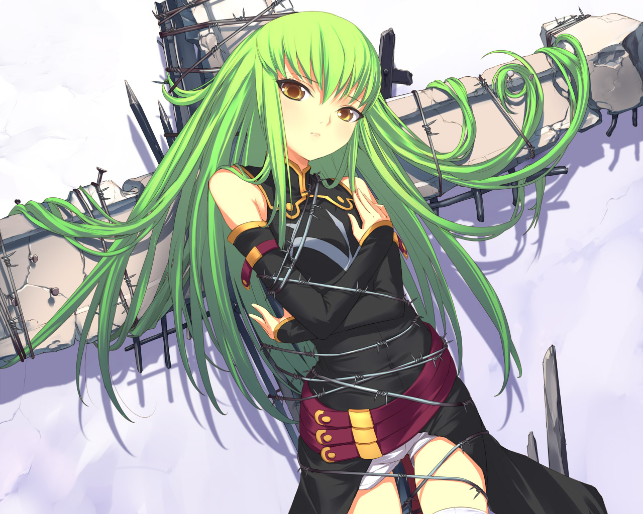 uni (plastic girl), c.c., code geass, 00s, 1girl, barbed wire, bdsm, bondage, bound, cross, detached sleeves, female focus, green hair, long hair, solo, tied up (nonsexual), yellow eyes