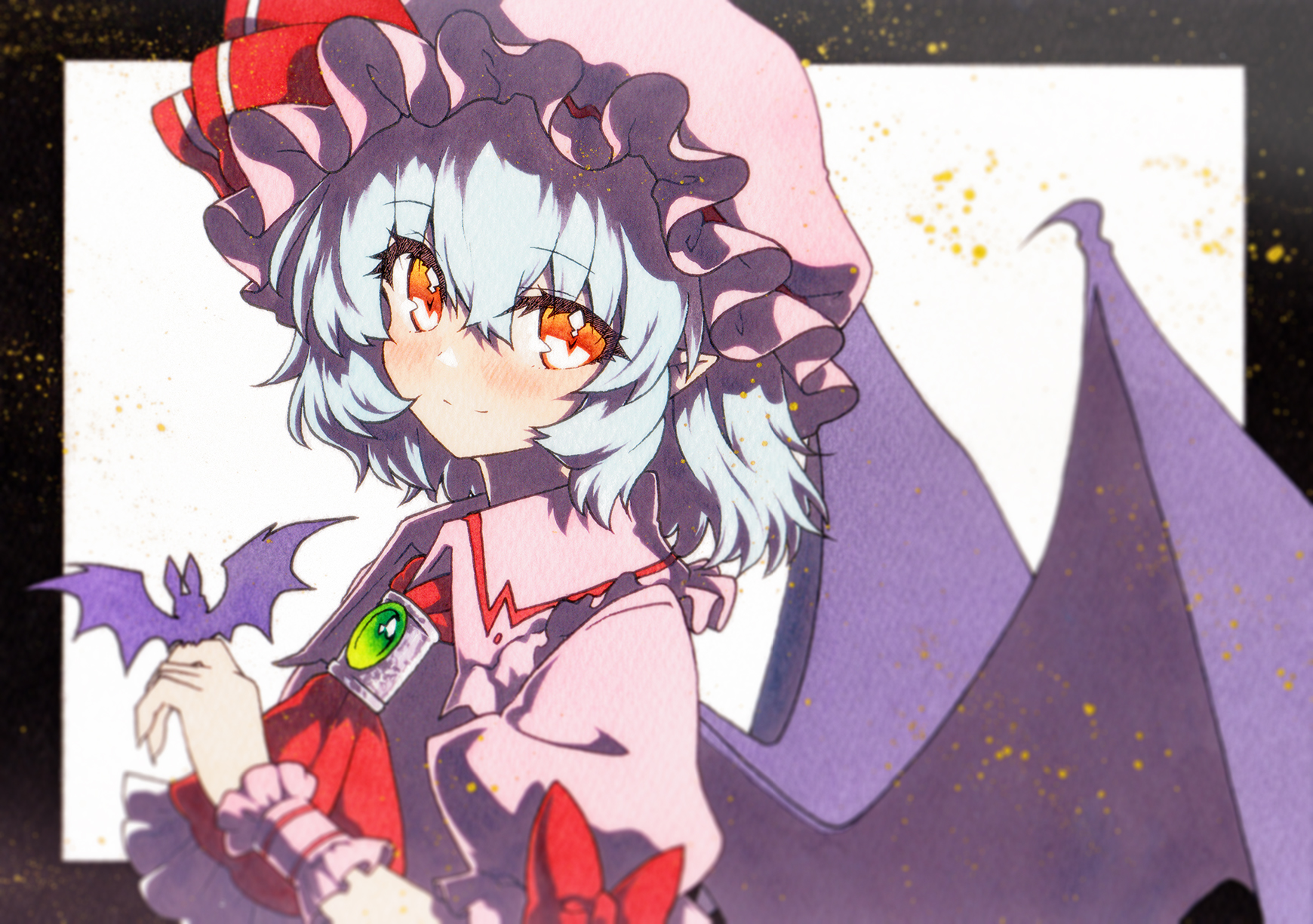 rinka (qqqrinkappp), remilia scarlet, touhou, highres, 1girl, ascot, bat (animal), bat wings, black border, blue hair, border, closed mouth, collared shirt, gem, green gemstone, hand up, hat, light blush, looking at viewer, medium hair, mob cap, pink hat, pink shirt, puffy short sleeves, puffy sleeves, red ascot, red eyes, shirt, short sleeves, smile, solo, white background, wings