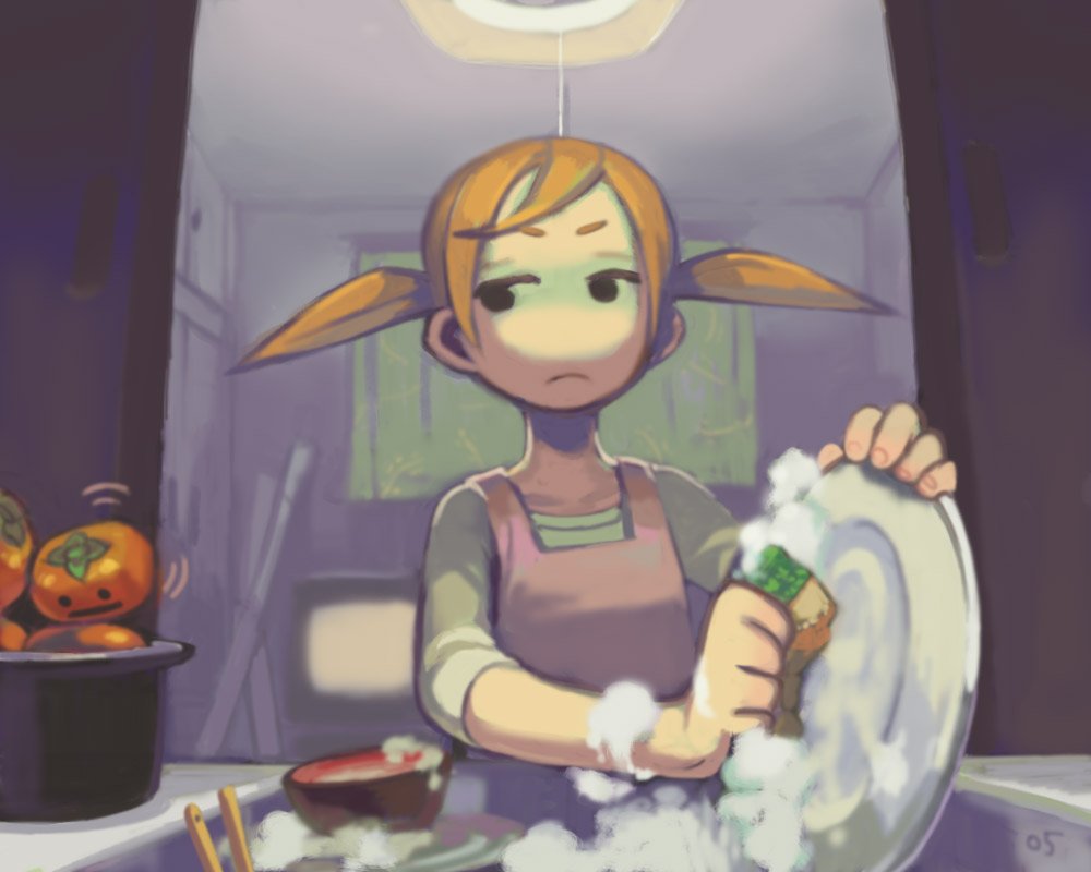 iwamoto zerogo, original, 1girl, blonde hair, dishwashing, female focus, food, fruit, kaitenroji, persimmon, solo, tangerines