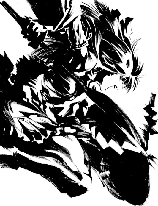 hakurei reimu, 300 (movie), touhou, 1girl, female focus, greyscale, monochrome, parody, solo, white background