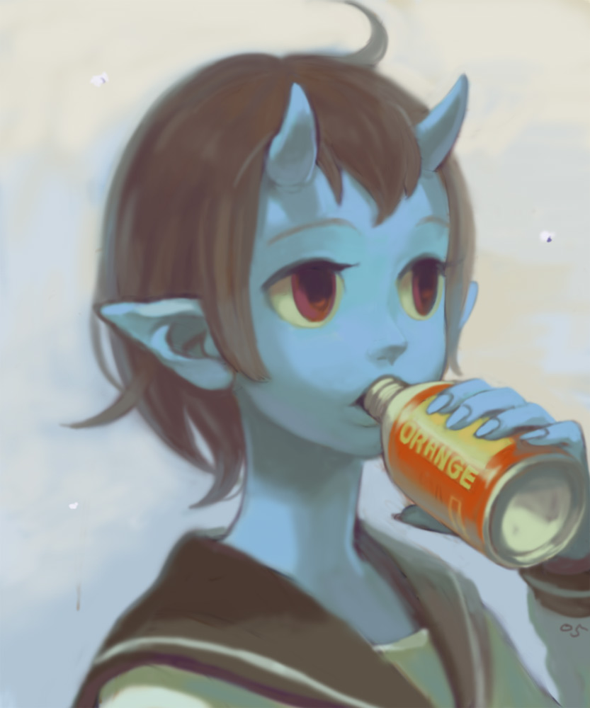 iwamoto zerogo, original, 1girl, ahoge, blue oni, blue skin, brown hair, colored skin, demon girl, drink, drinking, female focus, gradient background, horns, kaitenroji, monster girl, oni, pointy ears, portrait, red eyes, school uniform, serafuku, solo