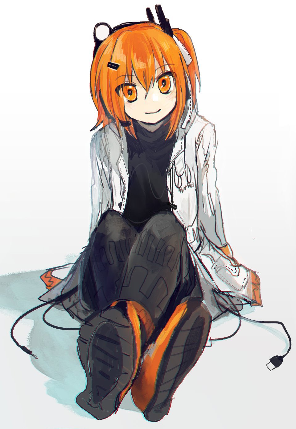 sanotsuki (mochi0101 831), adachi rei, a.i. voice, utau, highres, 1girl, black pantyhose, black shirt, cable, closed mouth, coat, crossed legs, dot nose, flat chest, full body, hair ribbon, long sleeves, looking at viewer, one side up, open clothes, open coat, orange eyes, orange hair, orange shoes, pantyhose, portrait, ribbon, shadow, shirt, shoes, short hair, sitting, smile, solo, white background, white coat