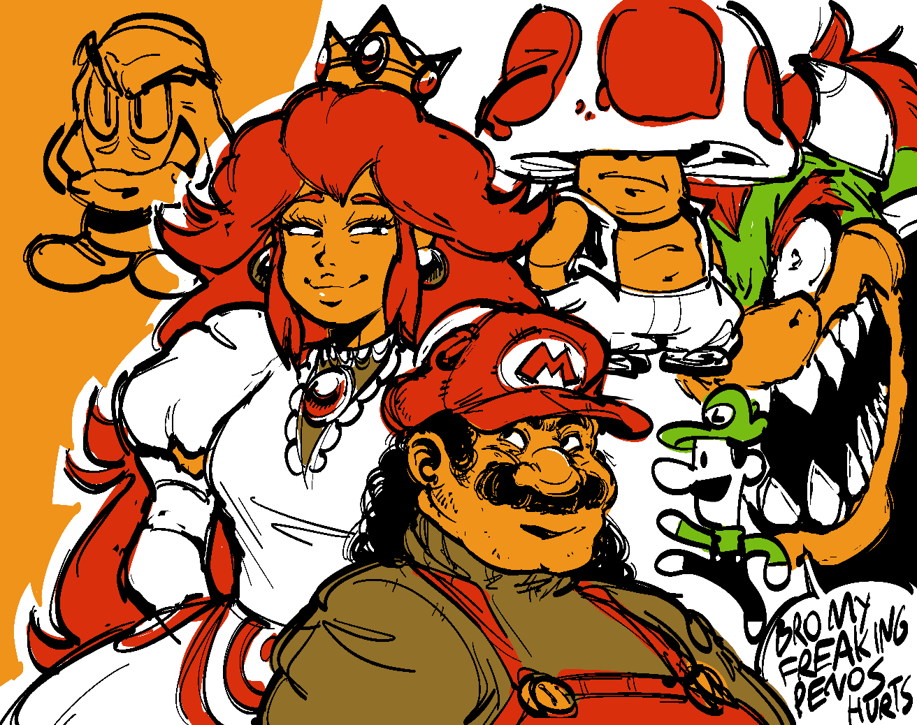 wubbwarg, bowser, goomba, luigi, mario, princess peach, toad (mario), mario (series), nintendo, super mario bros. 1, commentary, english commentary, 2025, alternate color, angry, arm behind back, arms at sides, bare shoulders, black overalls, brooch, brown shirt, buttons, chibi, chibi inset, closed mouth, colored skin, constricted pupils, crown, curly hair, dress, earrings, elbow gloves, english text, fat, fat man, gloves, green hat, green shirt, half-closed eyes, hands in pockets, hat, height difference, horns, jewelry, juliet sleeves, logo, long hair, long sleeves, looking at another, mullet, mushroom hat, navel, newsboy cap, open mouth, orange skin, overalls, pants, puffy sleeves, red hair, red hat, red overalls, serious, sharp teeth, shell, shirt, shoes, sidelocks, smile, speech bubble, standing, taller female, teeth, turtle, very long hair, vest, white dress, white gloves, white pants, white skin