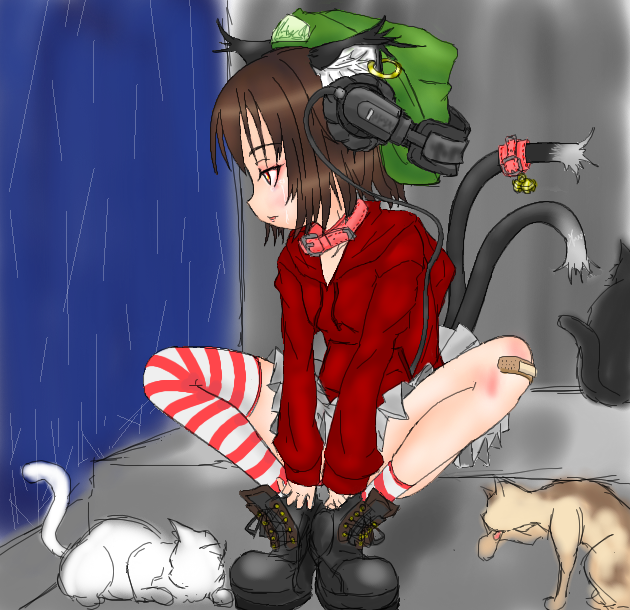 chen, touhou, 1girl, alternate costume, animal ears, ankle boots, asymmetrical legwear, bandaid, bandaid on knee, bandaid on leg, bell, black boots, boots, brown hair, casual, cat, cat ears, cat tail, contemporary, dog, earrings, female focus, hat, headphones, hood, hood down, hoodie, jewelry, jingle bell, lace-up boots, long sleeves, multiple tails, nekomata, pleated skirt, profile, rain, short hair, sitting, skirt, socks, solo, striped clothes, striped socks, striped thighhighs, tail, tail bell, tail ornament, thighhighs, two tails, uneven legwear