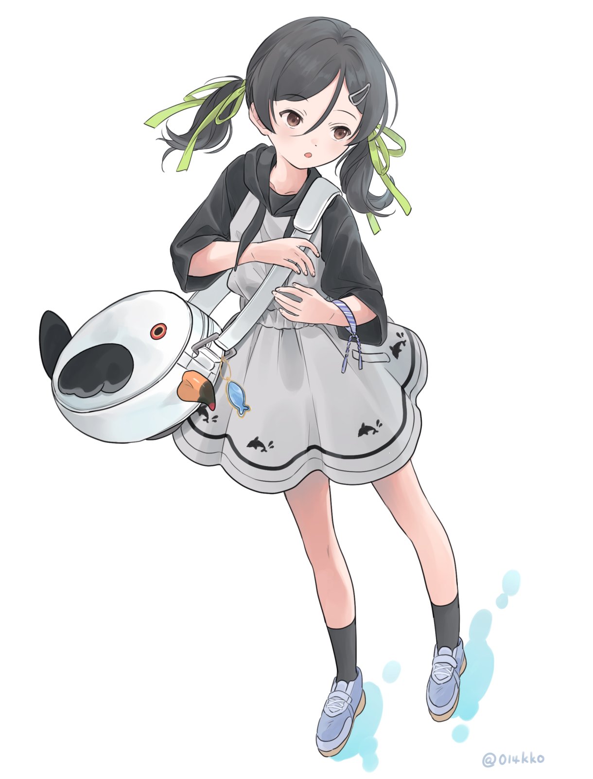 kokko (014kko), inagi (kancolle), inagi (maizuru) (kancolle), kantai collection, highres, bag, black hair, black sweater, brown eyes, dolphin print, dress, full body, green ribbon, grey dress, hair between eyes, hair ribbon, hooded dress, long hair, long hoodie, low twintails, ribbon, simple background, sweater, twintails, two-tone sweater, white background
