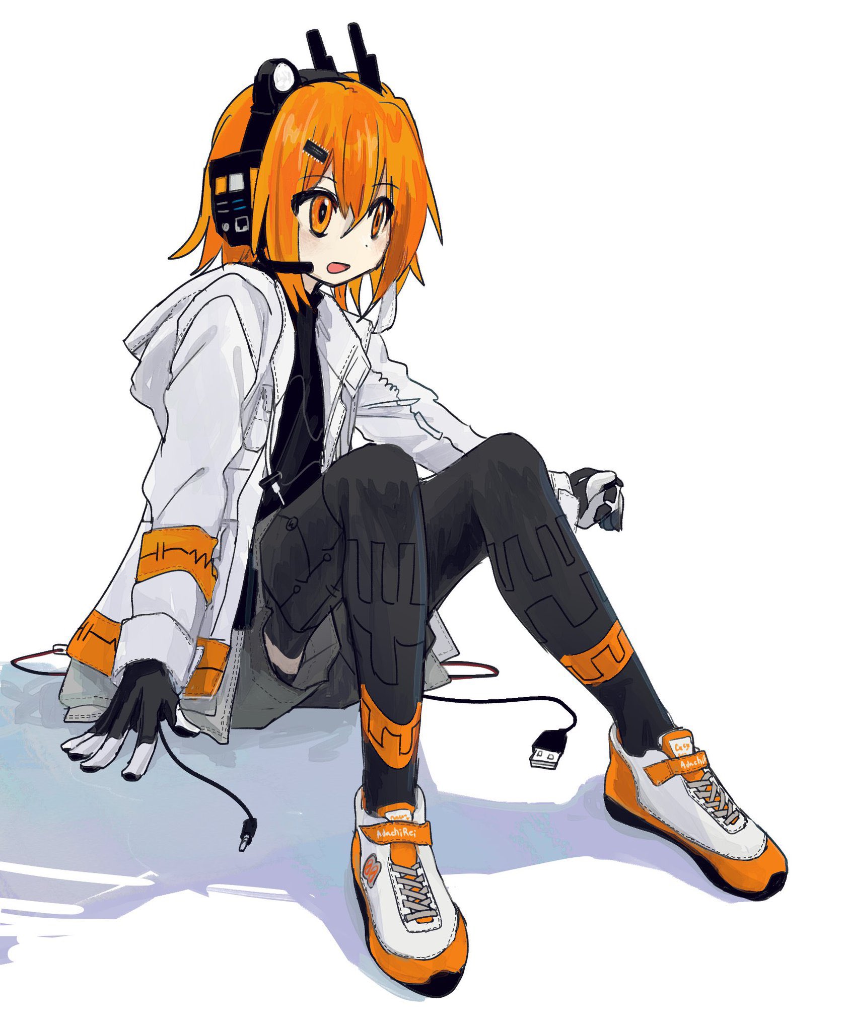 sanotsuki (mochi0101 831), adachi rei, a.i. voice, utau, highres, 1girl, black gloves, black pantyhose, black shirt, cable, coat, dot nose, full body, gloves, grey shorts, hair between eyes, headset, hood, hood down, hooded coat, knees up, long sleeves, open clothes, open coat, open mouth, orange eyes, orange hair, pantyhose, shadow, shirt, shoes, shorts, sitting, smile, sneakers, solo, white background, white coat