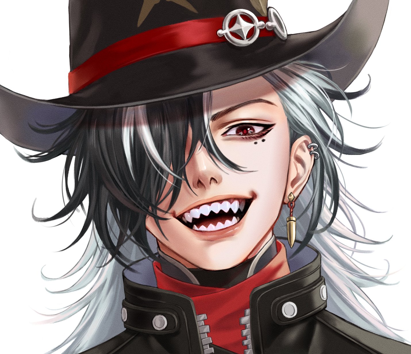 boothill (honkai: star rail), honkai: star rail, honkai (series), highres, 1boy, alientomoe, black hair, black hat, bullet earrings, cowboy hat, earrings, hair over one eye, hat, jewelry, long hair, looking at viewer, male focus, multicolored hair, one eye covered, open mouth, portrait, sharp teeth, solo, teeth, two-tone hair, white background, white hair