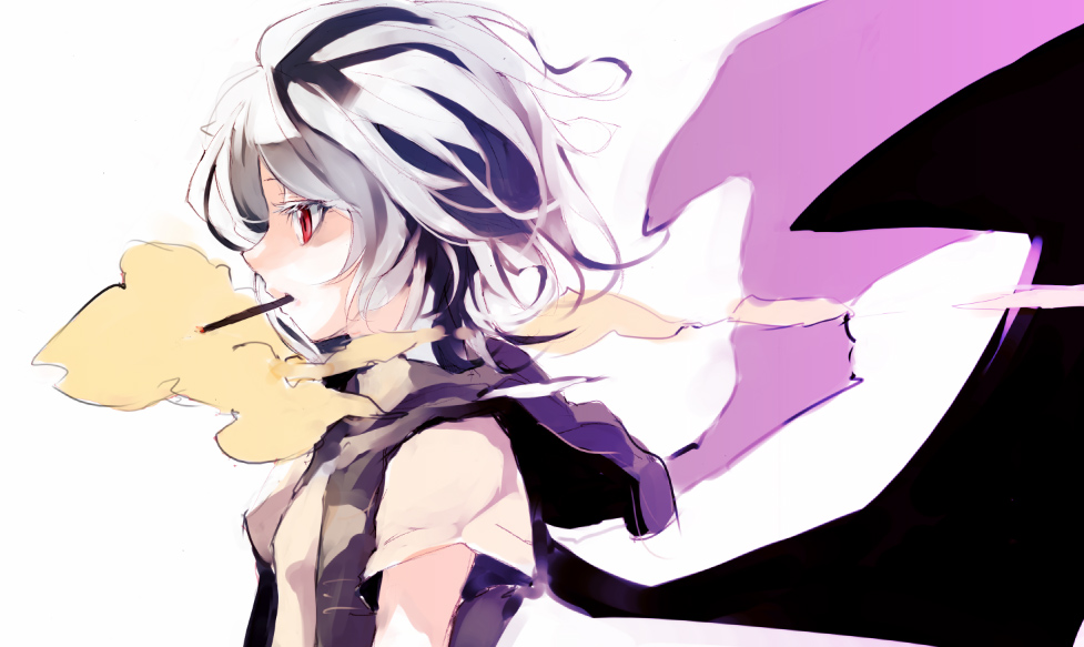 remilia scarlet, touhou, 1girl, bat wings, casual, cigarette, female focus, simple background, smoking, solo, upper body, white background, wings