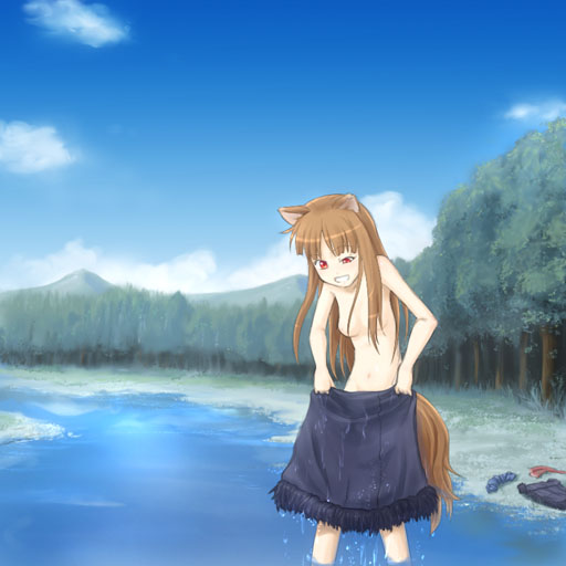 caryo, takeda yukimura, holo, spice and wolf, 00s, 1girl, animal ears, female focus, nude, solo, stream, tail, wolf ears, wolf tail