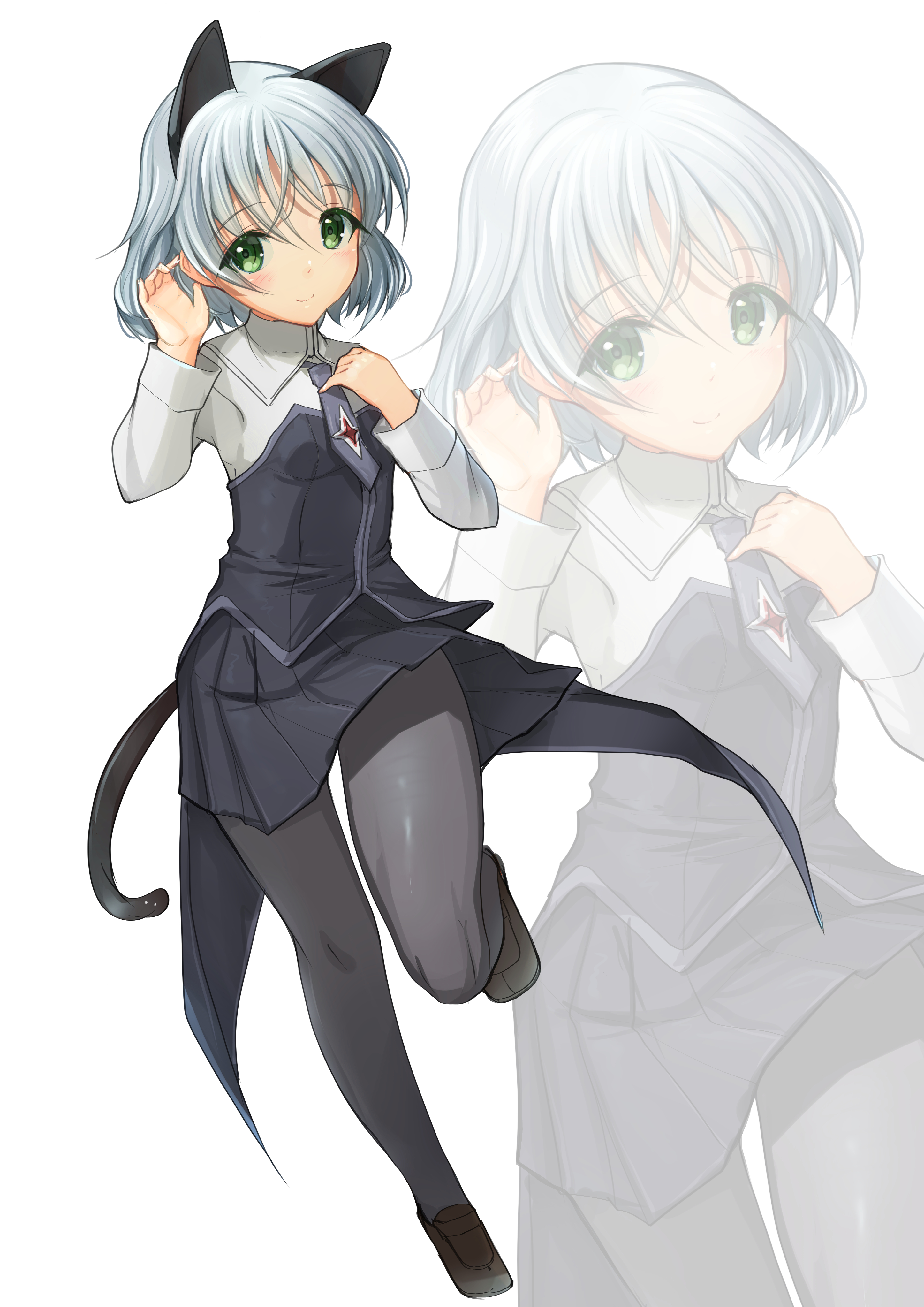yashin (yasinz), sanya v. litvyak, strike witches, world witches series, absurdres, commentary request, highres, 1girl, animal ears, black pantyhose, black skirt, cat ears, cat girl, cat tail, coattails, full body, green eyes, grey hair, grey necktie, necktie, pantyhose, pleated skirt, shirt, short hair, simple background, skirt, solo, tail, two-tone shirt, white background, white shirt, zoom layer